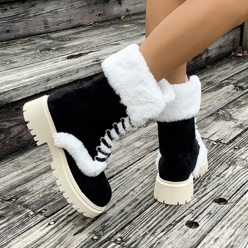 Plus-size Shoes, Fluffy and Warm Thick-soled Mid-calf Boots, Comfortable Round-toed Lace-up Snow Boots for Women