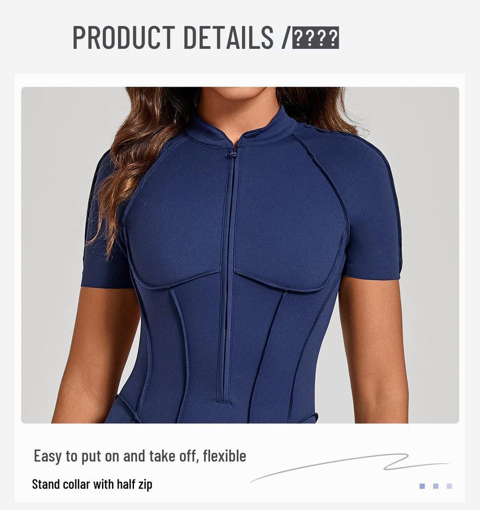 Women's Short-Sleeve Half-Zip Tummy-Control Yoga Jumpsuit