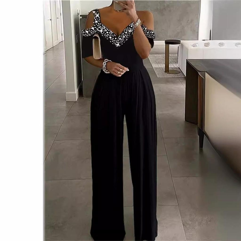 Women's Off-Shoulder Jumpsuit with Polka Dot and Rhinestone Detail In Black, Wine Red, Navy Blue