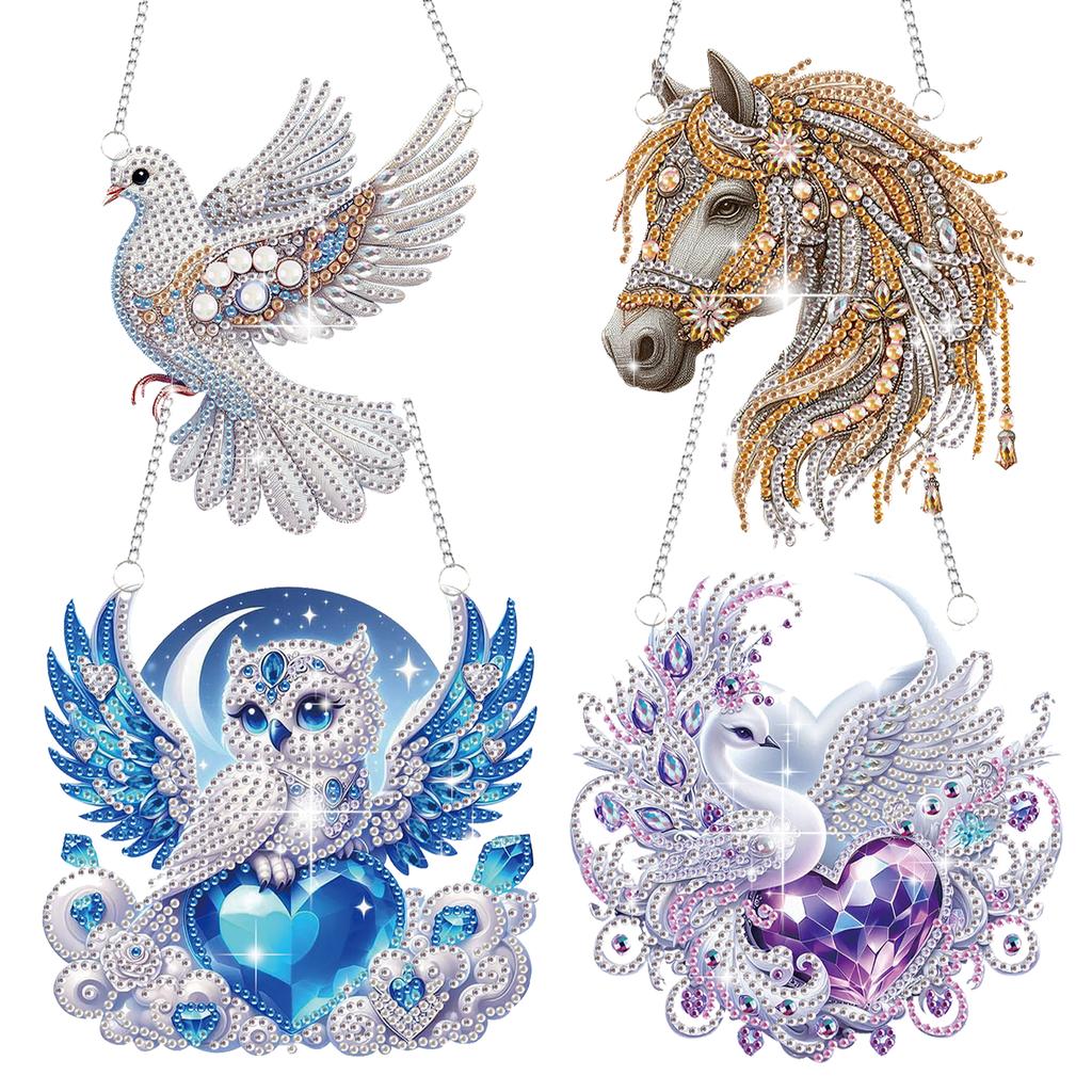 4pcs Flower Animal DIY 2D Flat Diamond Painting Kits Hanging Diamond Art Kits Diamond Art Pendant for Home Decoration and Gift