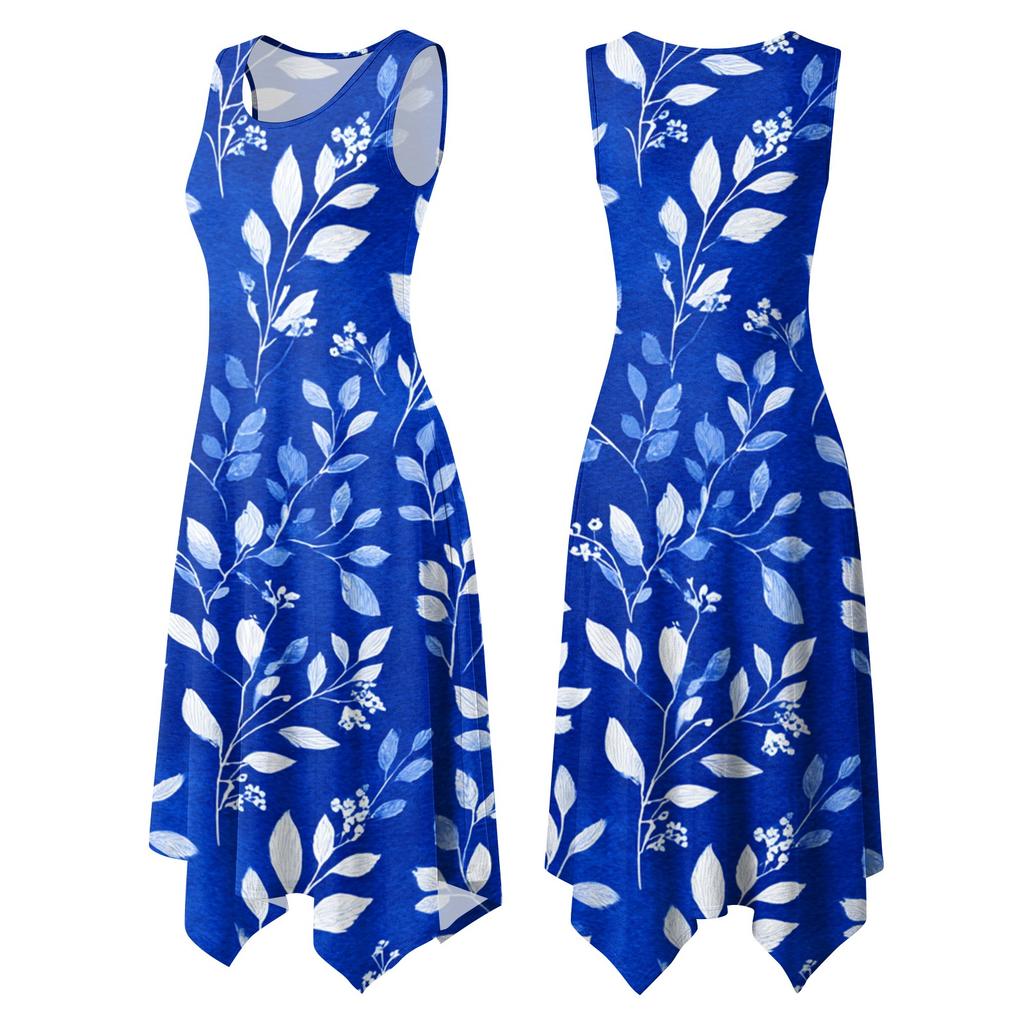 Women Casual Sleeveless Floral Print Dress Round Neck Irregular Hem Mid Length Summer Dress Lightweight Comfortable Fabric
