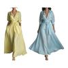 Damen Maxikleid Hemdkleid, Halbsärmel Revers V-Ausschnitt Langes Kleid, Lässiges A-Linie Lockeres Schwingkleid mit Taschen