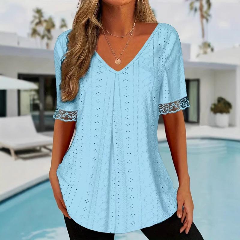 Spring Summer Solid Color V-neck Loose Short Sleeved Pleated T-shirt Top for Women Shirt
