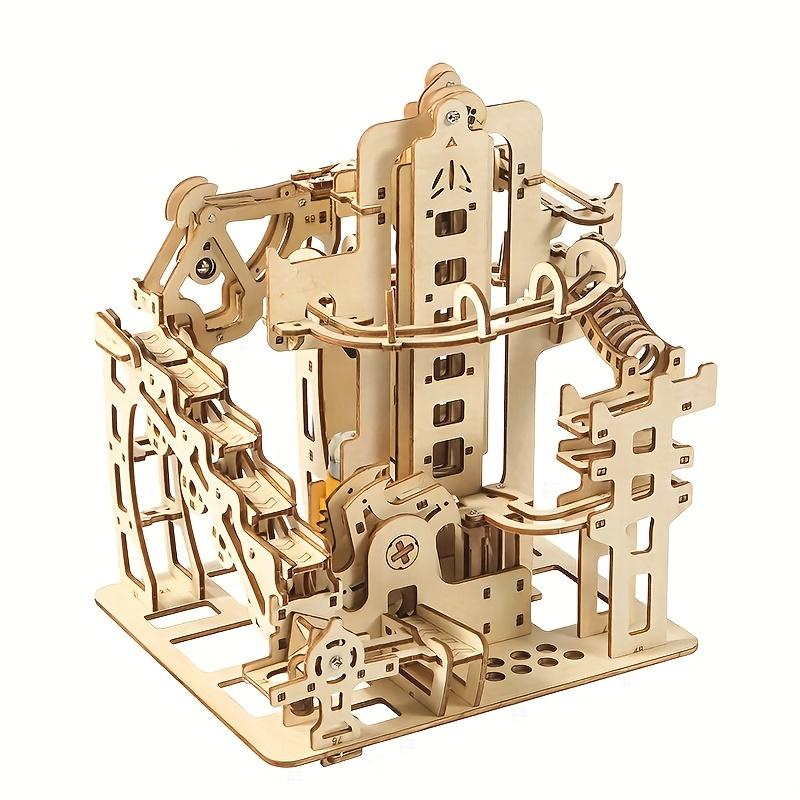 3D Wooden Puzzles Electric Catapult Track Device Marble Run Set Mechanical Model Science Maze 7 Balls Assembly Gift B