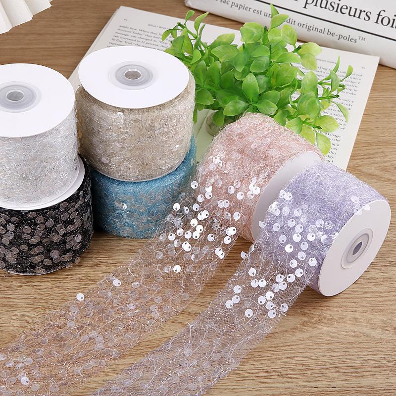 5Yards 50mm Sequin Tulle Ribbon with Silver Wire for Clothing Sewing DIY Hair Bows Hat Decor Craft Accessories Chiffon Ribbon