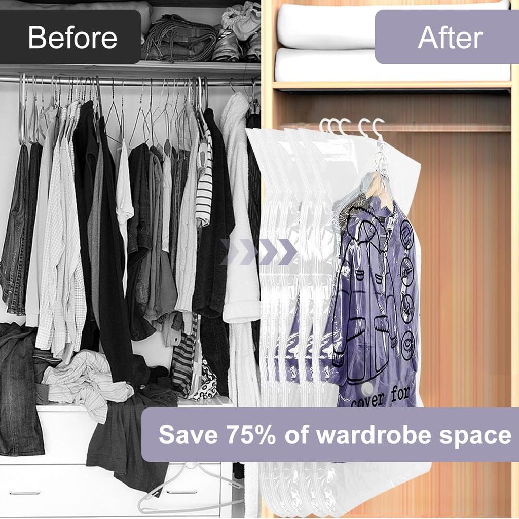 5 Pack Hanging Vacuum Storage Bags Space Saver Bags Hanging Storage Bags for Clothes for Suits Dress Jackets Closet Organizer