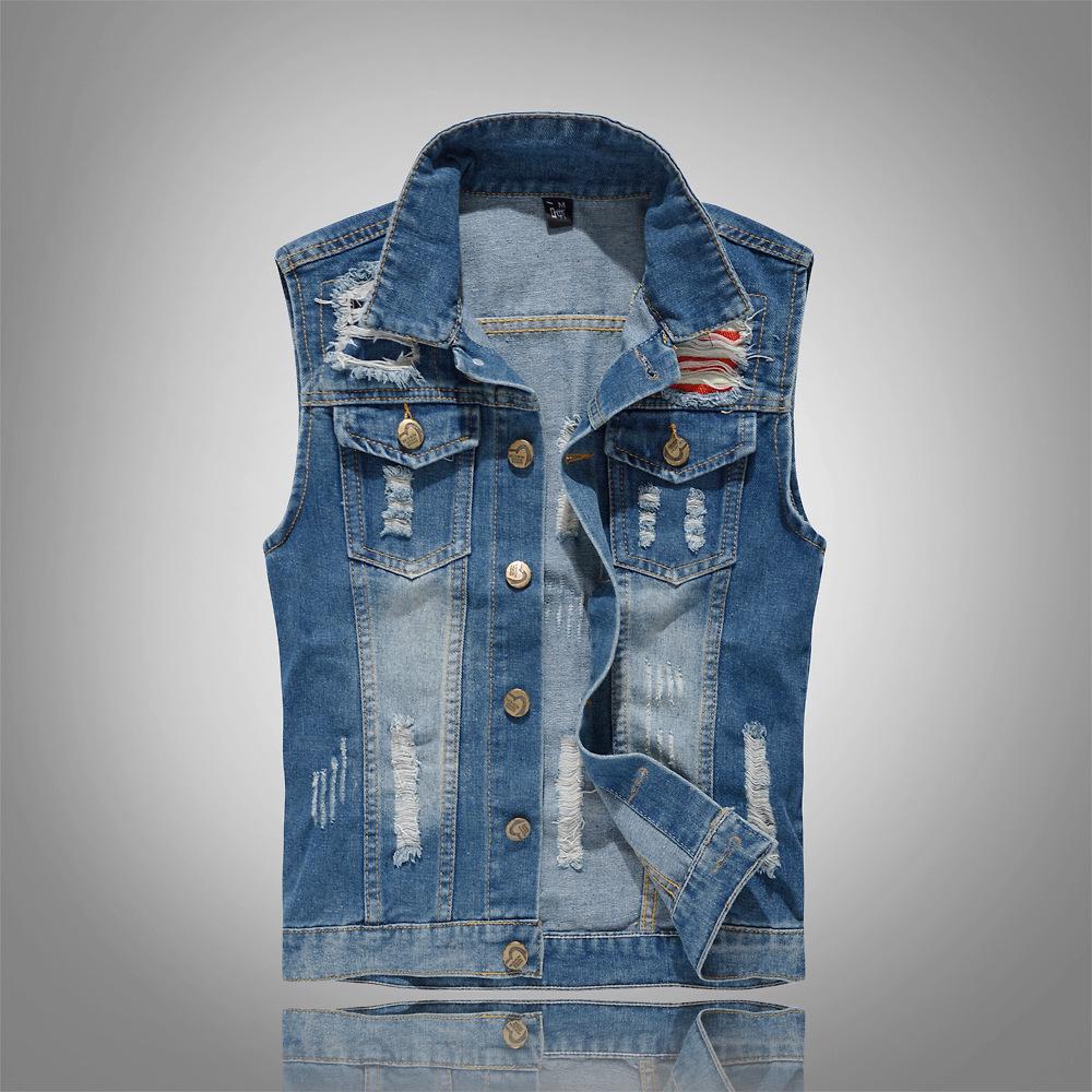 Cool Korean Slim Fit Embroidered Denim Vest for Men - Trendy Casual Style 5XL синий