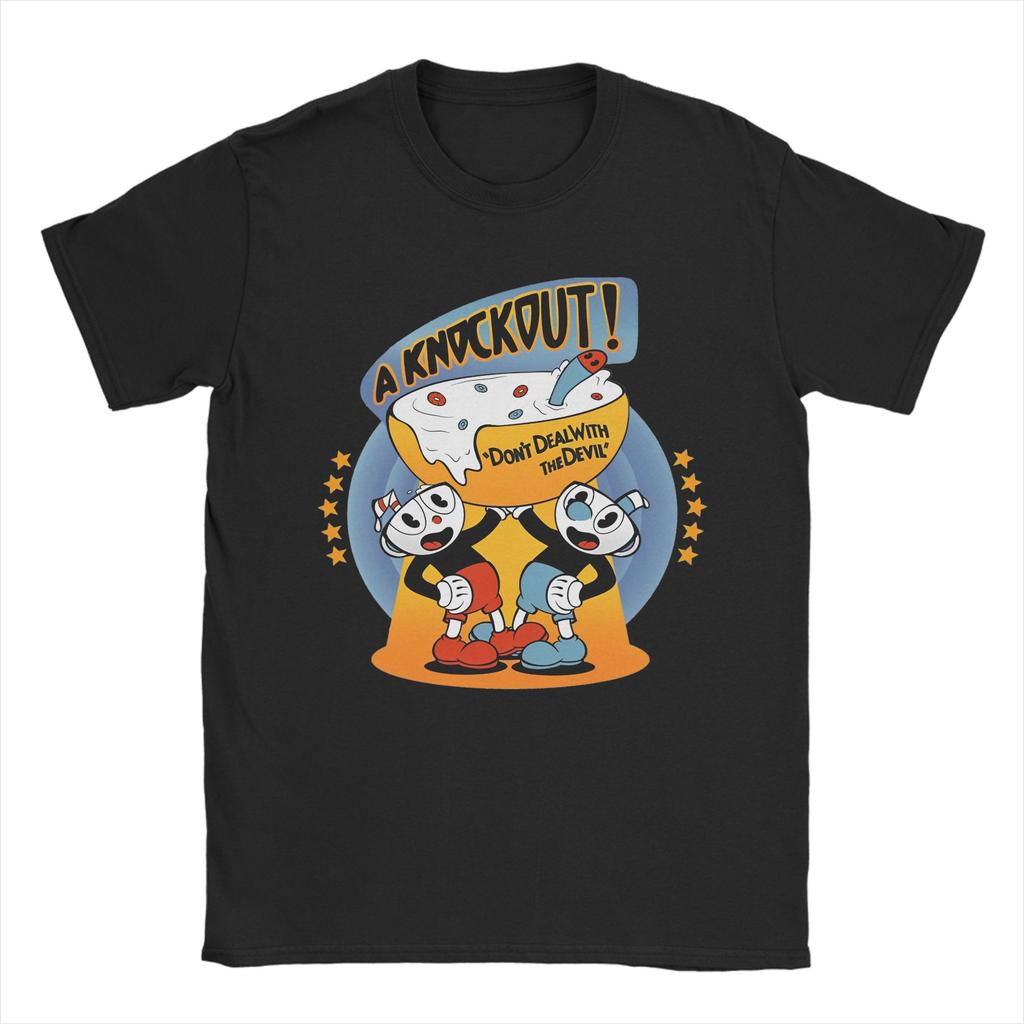 Cartoon Cuphead and Mugman Game T-Shirts for Men  Humor Cotton Tees O Neck Short Sleeve T Shirt Printed Tops