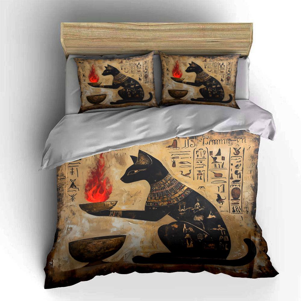 Egyptian Cat with Fire Bowl Bedding Duvet Cover Set  (1*Duvet Cover 2*Pillowcases, without duvet insert)