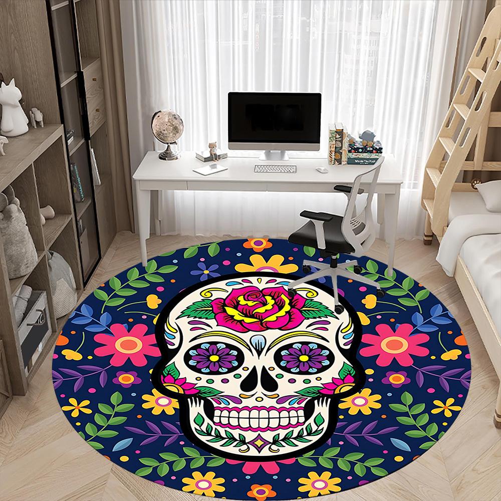 1pc Sugar Skull Decor Carpet, Round Non Slip Durable Large Size Office Carpet, Suitable for Office