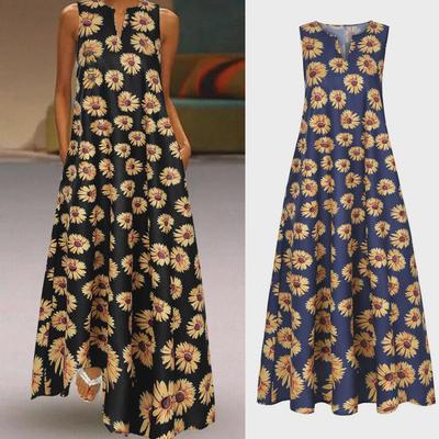 New Fashion Sleeveless Long Dress with Large Chrysanthemum Print