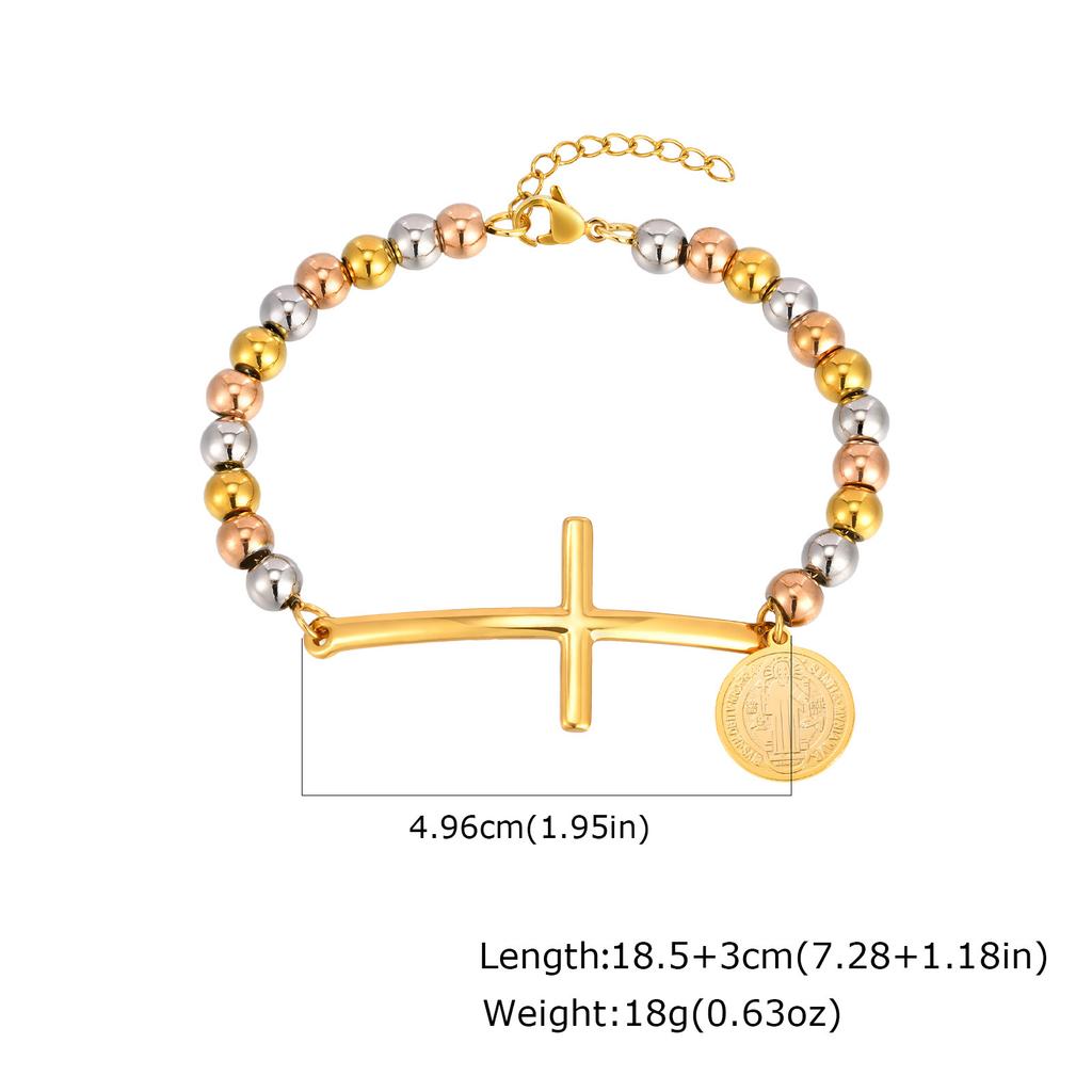Stainless Steel Cross Curved Card Round Card Three-Color Beaded Gold Bracelet 2006
