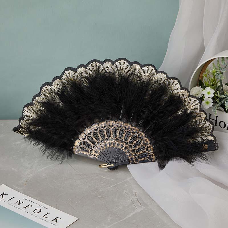 Retro Lace Fan Gorgeous European Style Lolita Feather Folding Fan Dark Gothic Court Dance Hand Fan Gift Wedding Party Decor