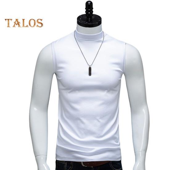 

Мужские топы-майки с высоким воротником без рукавов, облегающие эластичные топы, однотонные, с широкими бретелями, футболка из ледяного шелка M белый