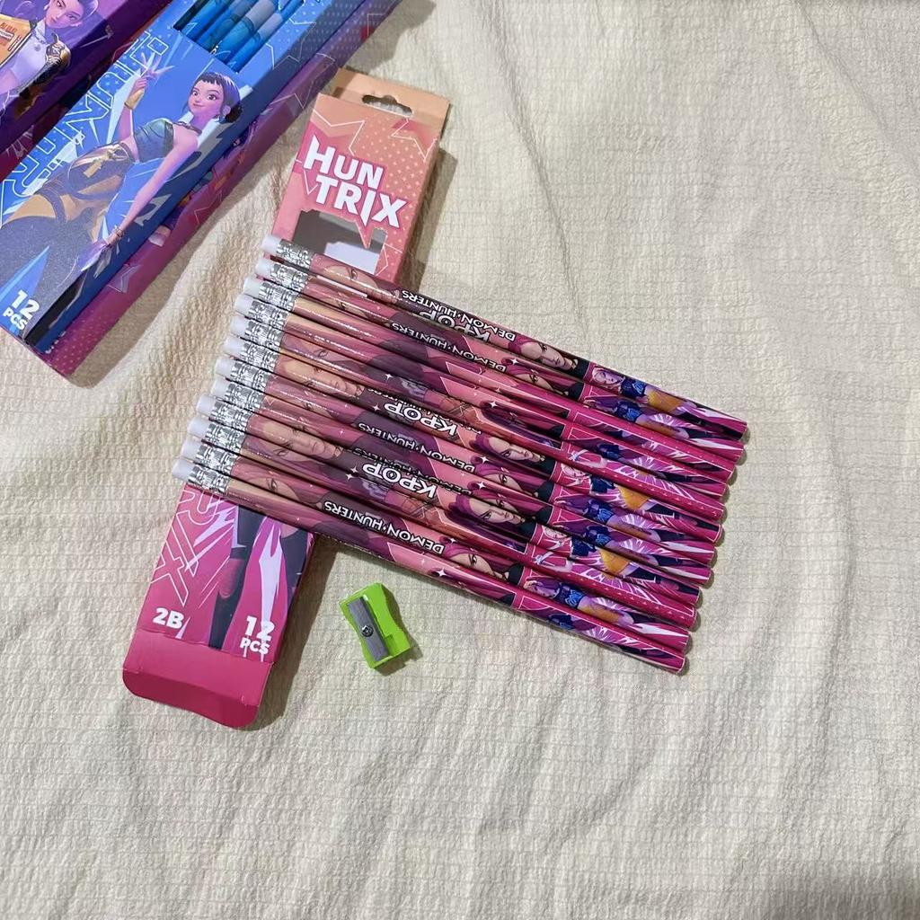new Kpop Demon Hunters Cartoon HB Pencils 12PCS with Pencil Roll Holder Student Stationery Set for Writing Painting  School Use
