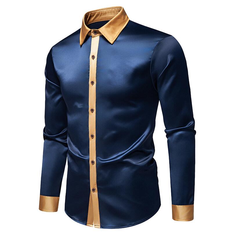 Cozy Up Spring Men's Satin Luxury Color Blocked Shirts Fashion Smooth Tuxedo Long Sleeve Shirt Wedding Party Prom Casual Shirt Business
