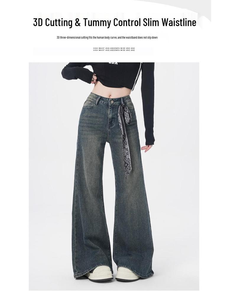 Damenjeans im amerikanischen Stil mit hohem Bund und Schlag - Lockere Passform, bodenlang, nicht anliegendes Hufeisendesign für den Herbst.