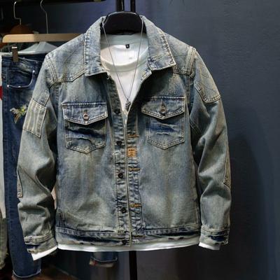 Lapel Motorcycle Denim Jacket Men's Personality Retro Slim Fashion American Casual Denim Top