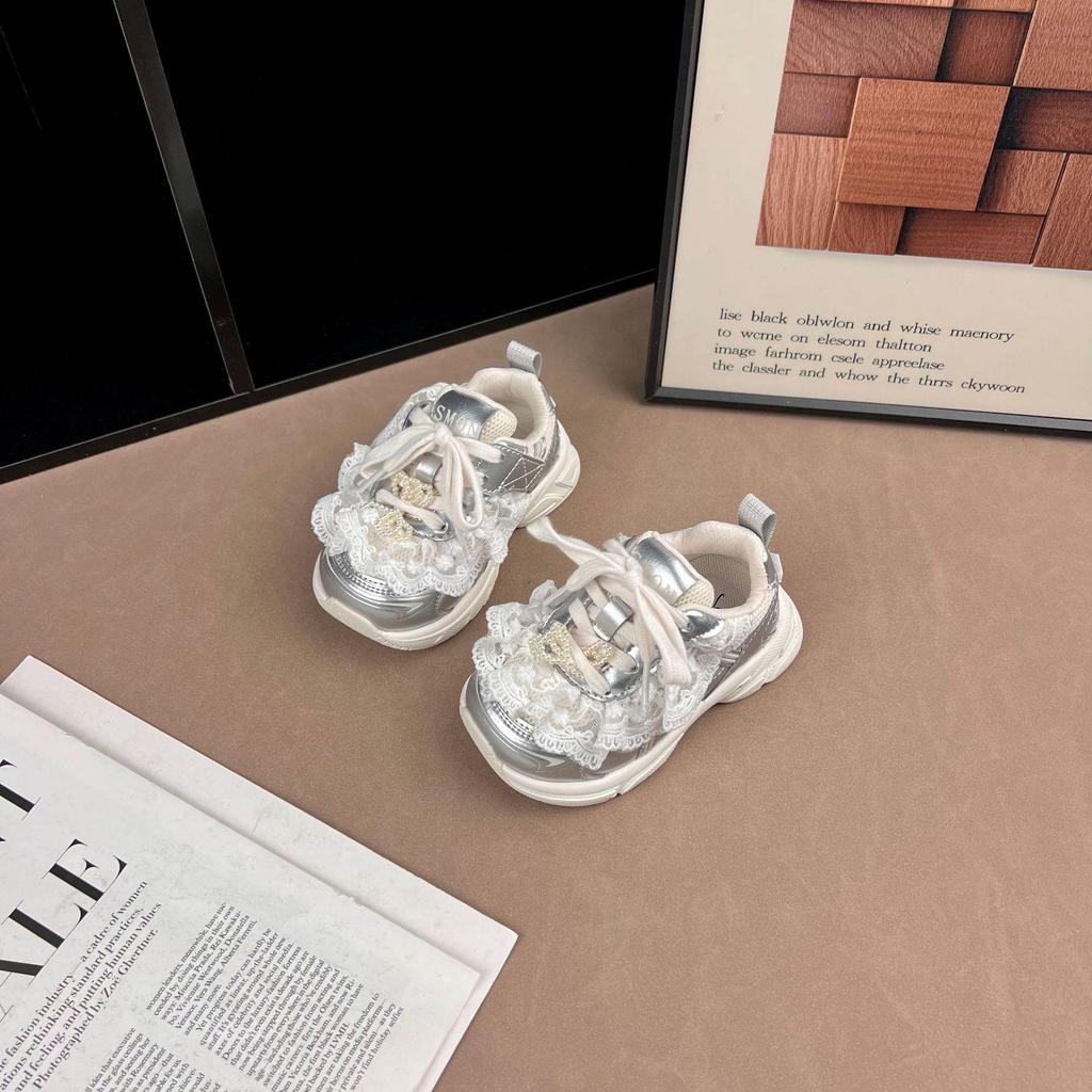 Girls' Lightweight Rhinestone Lace Sneakers - 2026 Spring/Autumn Fashion Versatile Student Sports Shoes