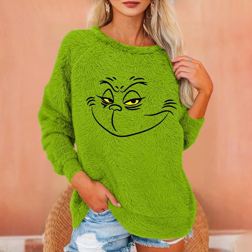 Damen Modischer Rundhals Langarm Weihnachts-Print Lockerer Plüsch Warmer Pullover