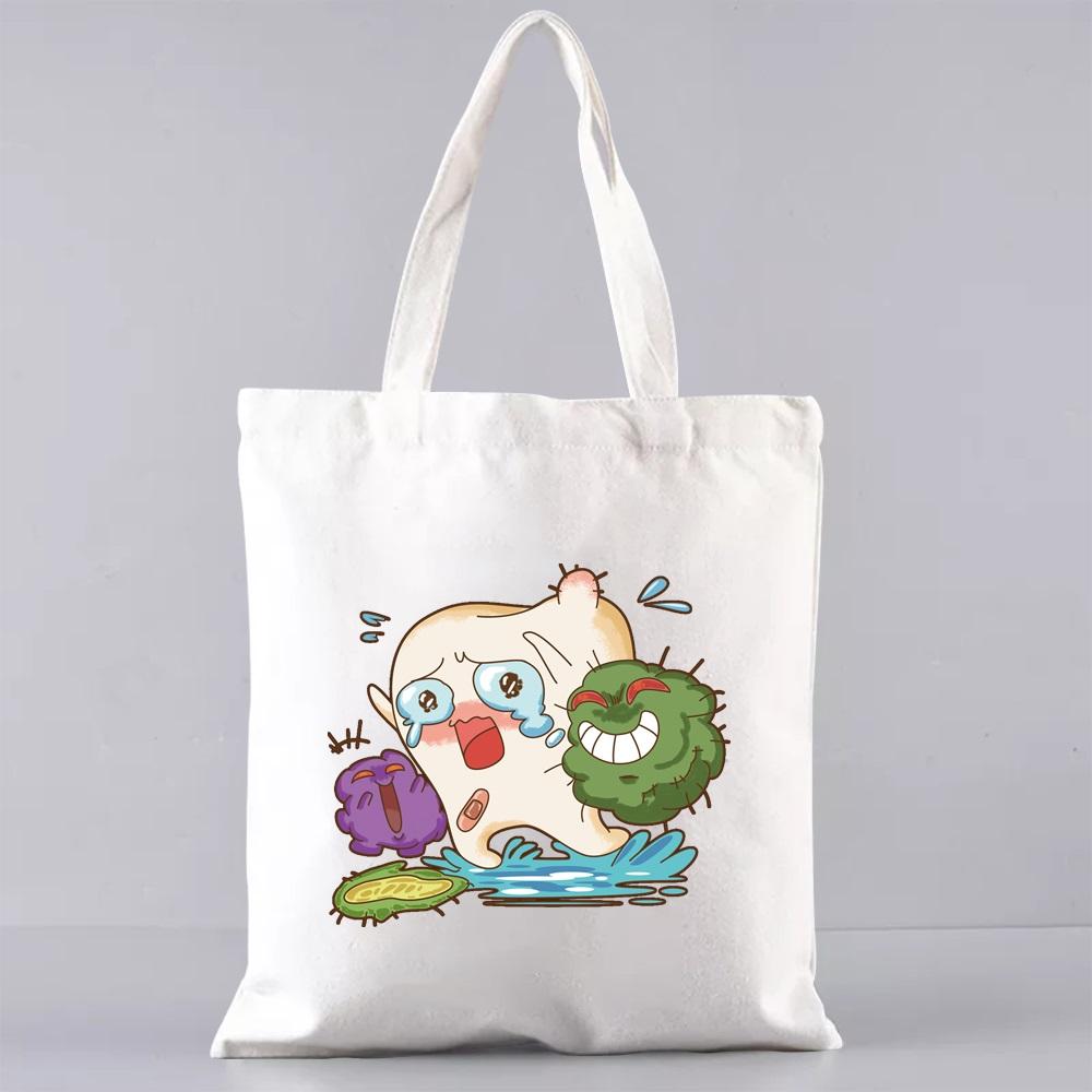 Shopping Bags for Groceries Eco Shoulder Bag  Women Handbags Shopper Reusable Large Capacity Students Books Bag Teeth Pattern