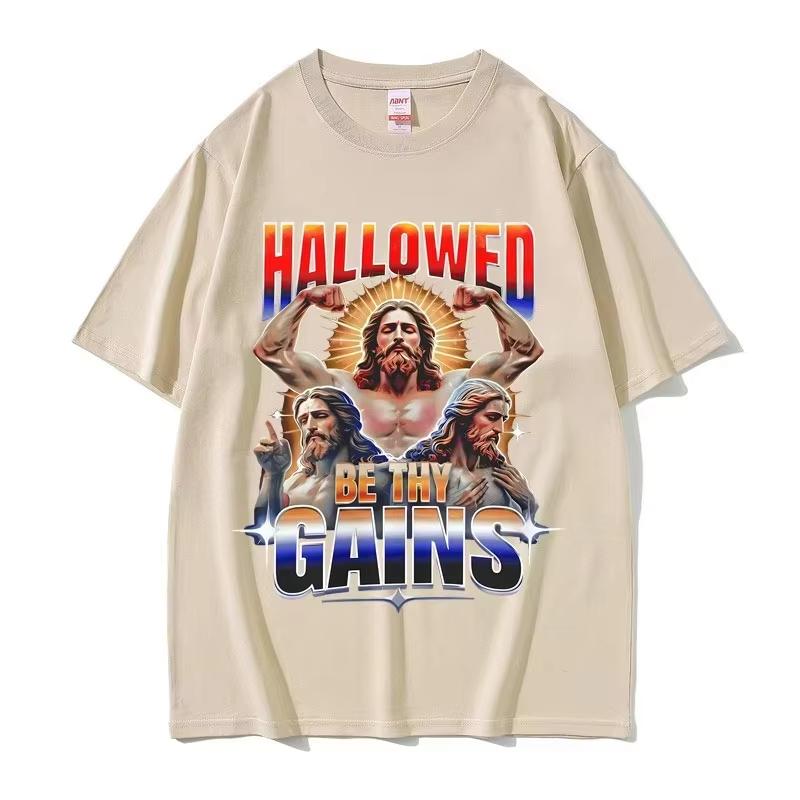 Hallowed Be Thy Gains Jesus Pump Cover Funny Meme Tshirts Unisexs Humor Fitness Muscular T Shirts Unisex Women Casual Cotton Tshirt