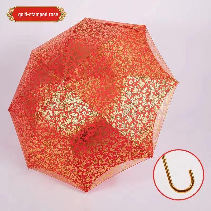 Eleganter roter Brautschirm mit gestickter Spitzkante und langem Griff für Hochzeiten