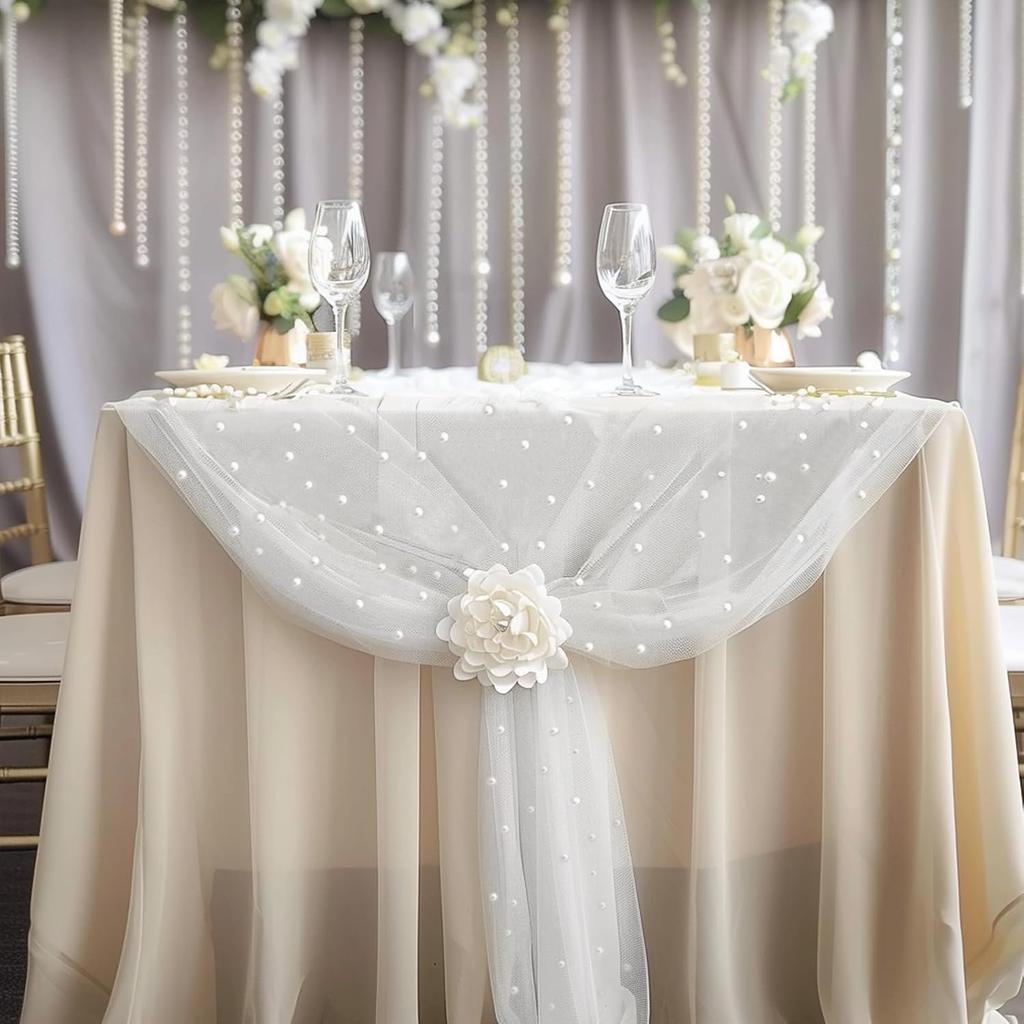 White Pearl Table Runner Tulle Fabric Lace Tablecloth Beaded Pearl Table Cover Mesh Sheer Table Cloth for Bridal Shower Birthday Party Wedding Arch