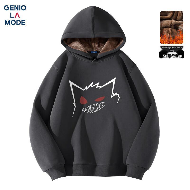 GENIOLAMODE Herren Plüschgefütterter Kapuzenpullover mit Cartoon-Print