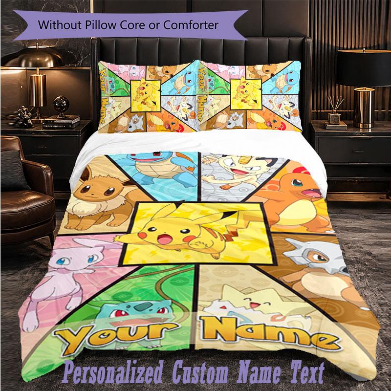 Personalized 3Pcs Bedding SetPokémon Custom Text Duvet Cover Pillowcase Set Bedroom Gift