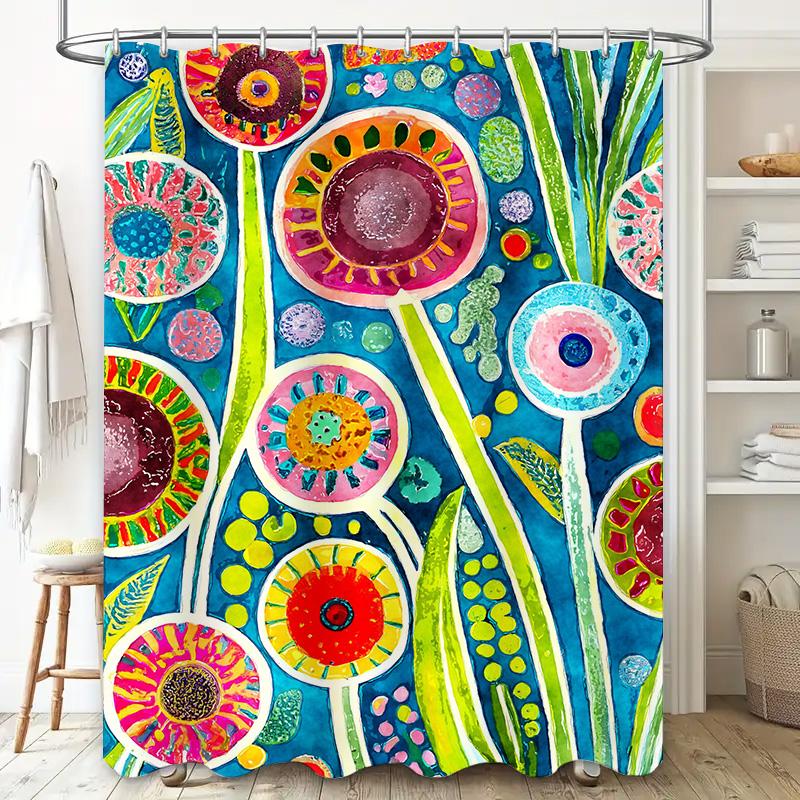 Bathroom Decor Shower Curtain Flower Print Waterproof Fabric Water Resistant
