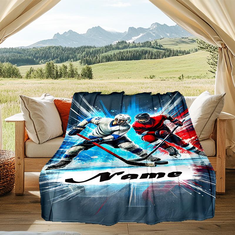 1PC Custom Name Hockey Players Action outdooor Flannel blankets Throw Blanket All-Season Throw Gift Bedspread for Couch, Bed, Camping Holiday Birthda