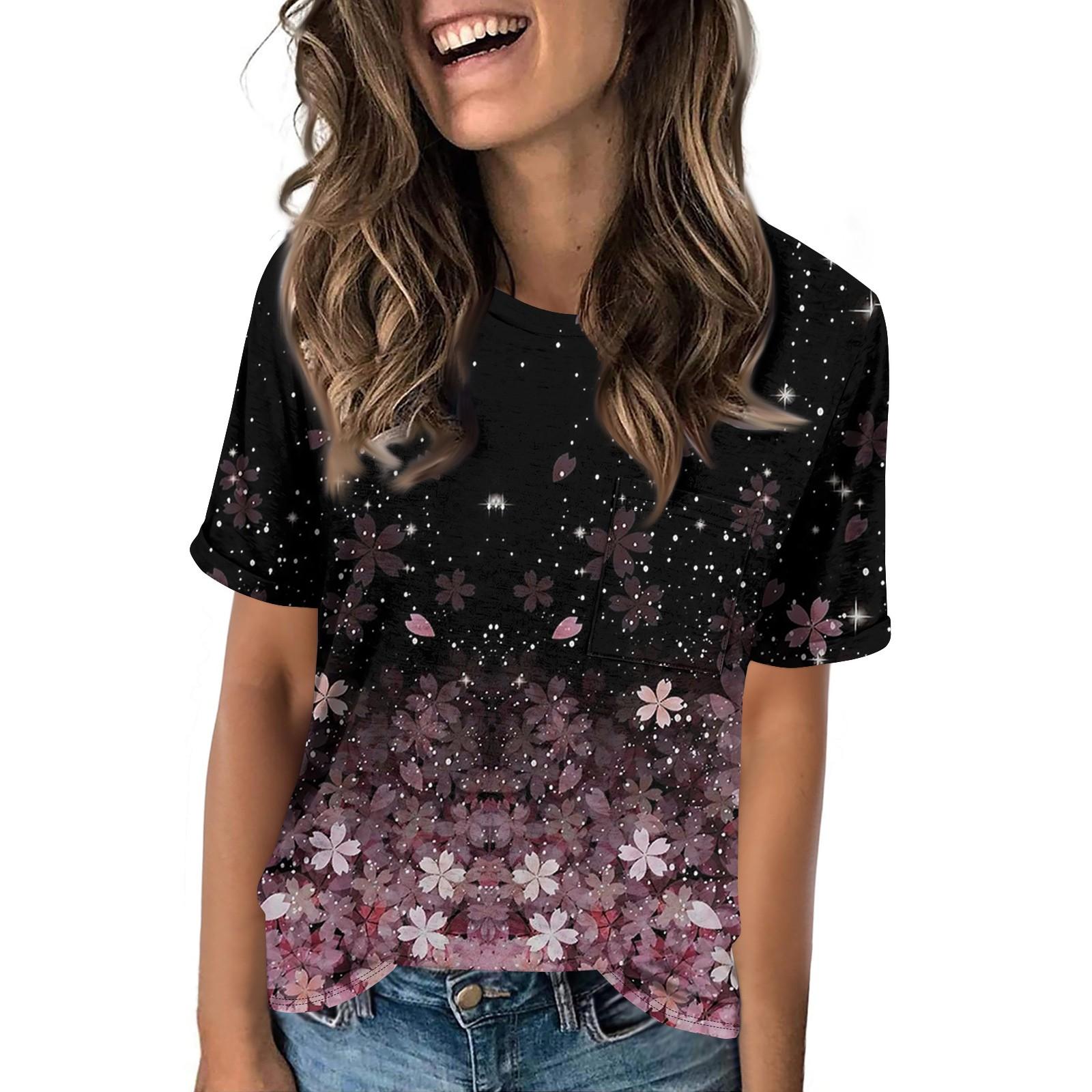 

Женская летняя повседневная свободная футболка с короткими рукавами и круглым вырезом с цветочным принтом и карманом XXXL