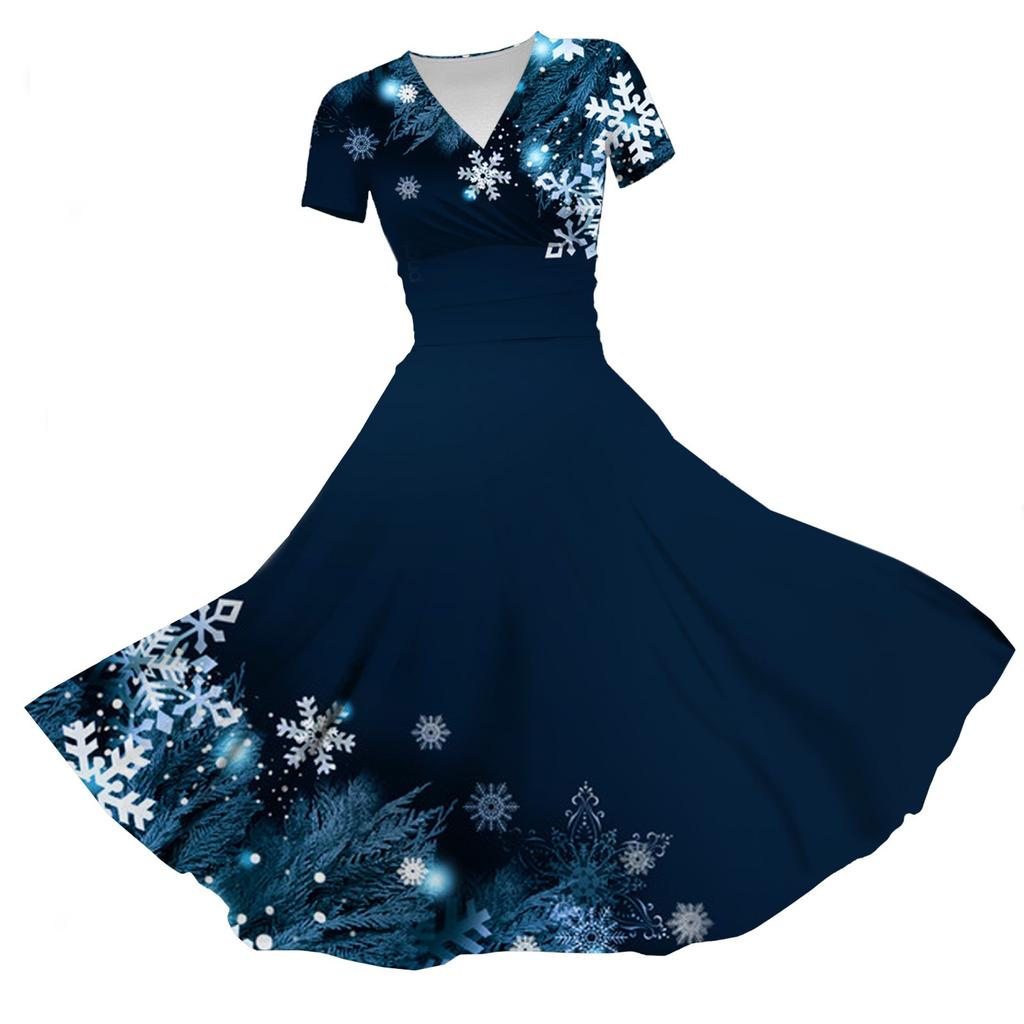 Dámské princeznovské šaty Sexy V-výstřih Vánoční potisk Krátký rukáv Rozšířené šaty