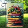 1pc Vibrant Double-Sided Linen Garden Flag - "Welcome" Book & Floral Design, Durable Outdoor Decor for Yards and Patios, No Pole Included, Outside Dec