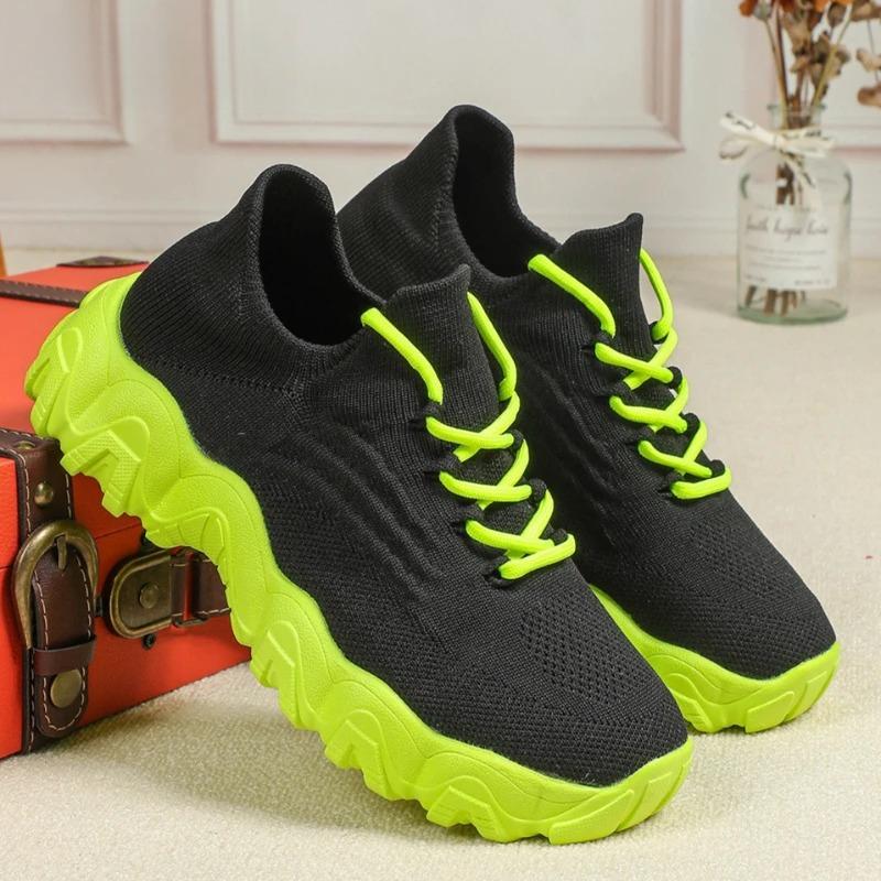 Dzianinowe Codzienne Trampki Modne Grube Buty Siatkowe Trampki na Platformie Oddychające Buty do Chodzenia Sportowe Buty z Grubą Podeszwą