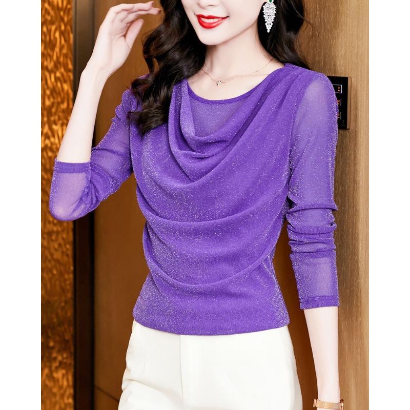 

Круглый вырез Яркий шелковый длинный рукав свитер футболка для женщин осень новый стиль знаменитости топ модная базовая рубашка 3XL фиолетовый