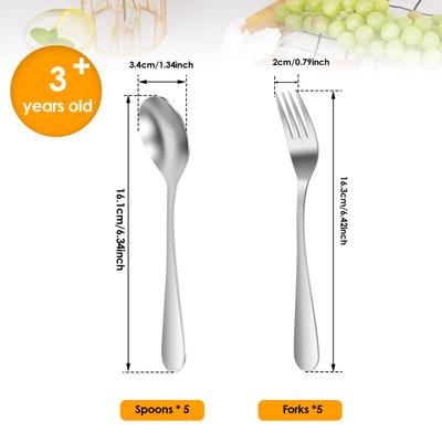 10 Pièces Ensemble d'Ustensiles pour Enfants en Acier Inoxydable 304 Ensemble Fourchette et Cuillère pour Enfants Couverts Argentés Anti-rouille pour la Maison, l'École et le Restaurant