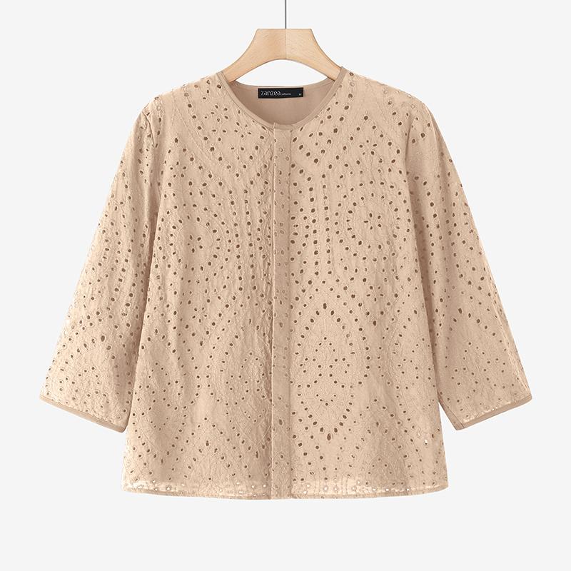

ZANZEA Женская летняя блузка с круглым вырезом, рукавами 3/4, кружевной вязкой крючком, лоскутным дизайном, свободного кроя 4XL хаки