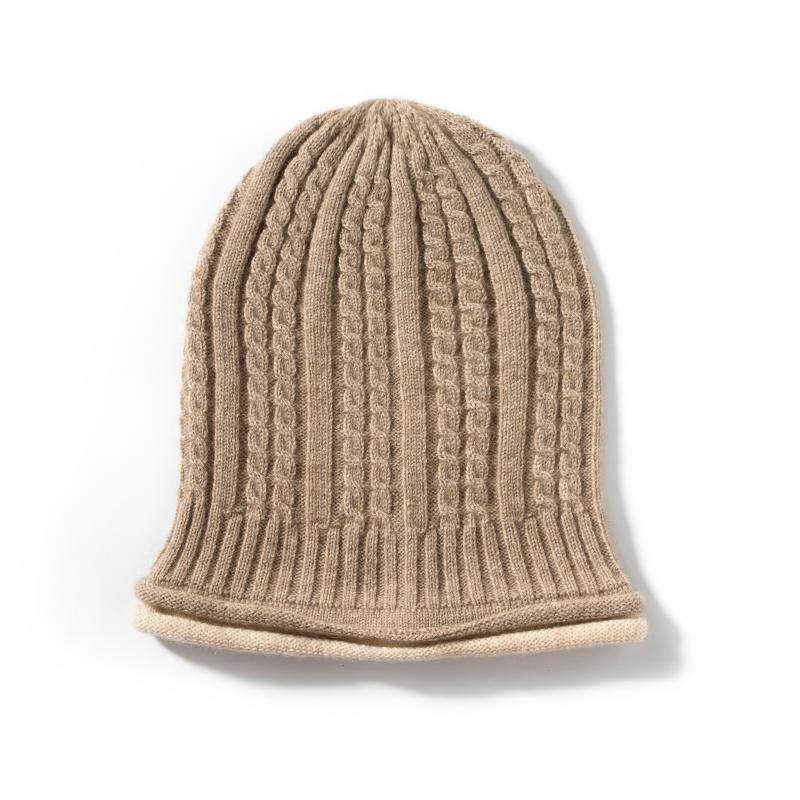 100% Cashmere Women'S Two-Color Rolled Edge Twisted Flower Knitted Pullover Hat Winter Warmth Ear Protection Pile Up Hat For Men