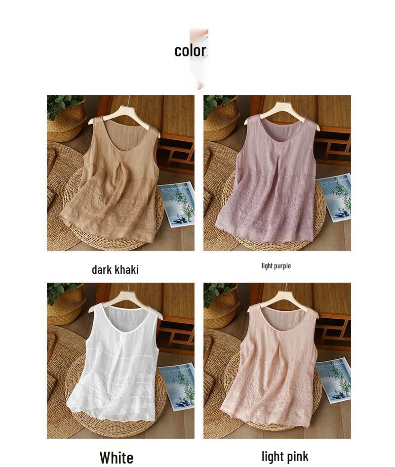 Retro Embroidered Sleeveless Ramie Top - Thin, Breathable, Versatile Summer Base Layer Vest for Women