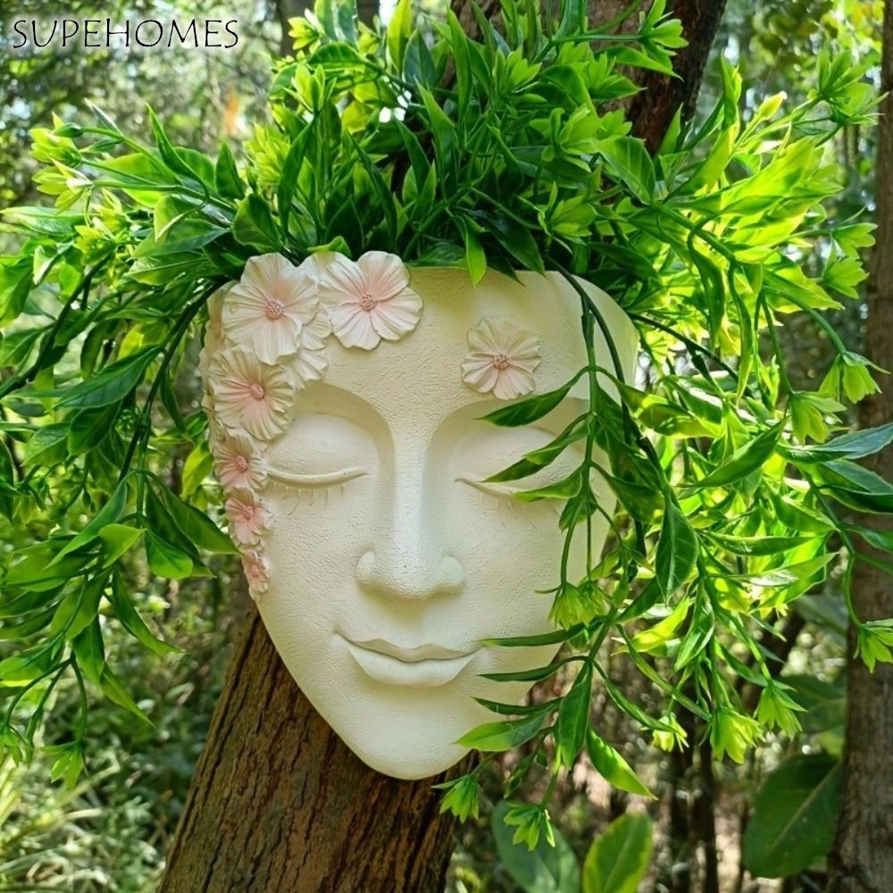 Durable Funny Face Sculpture Planter Resin Craft Handmade Head Wall Planter Cute Girl Face Flowerpot Home Decor