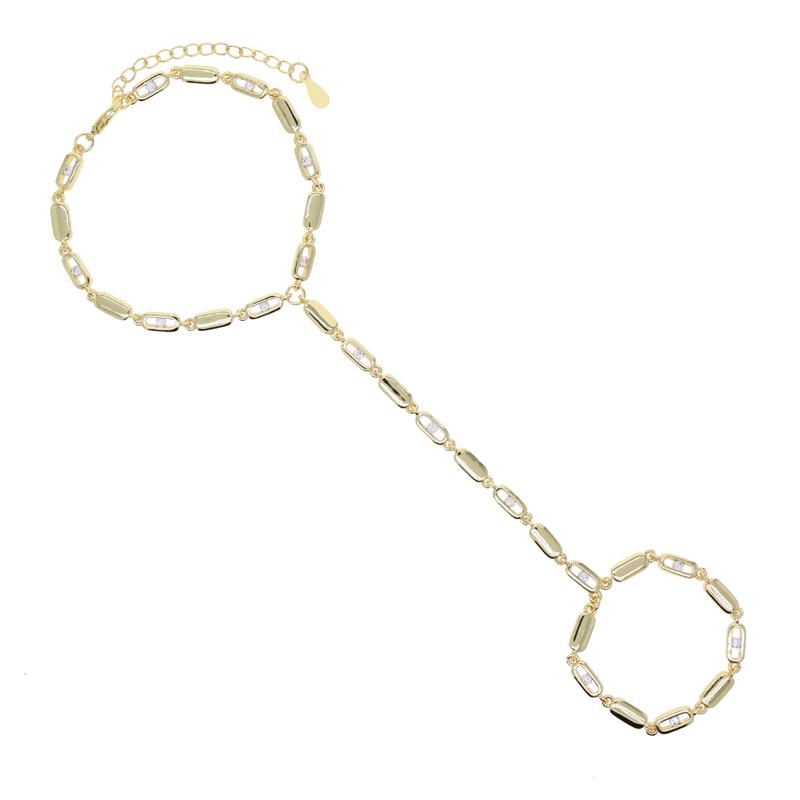 New Fashion Finger Ring Link Hand Bracelet 18k Gold Plated Square Chain Pave One CZ Stone Tassel Bracelet Women Jewelry