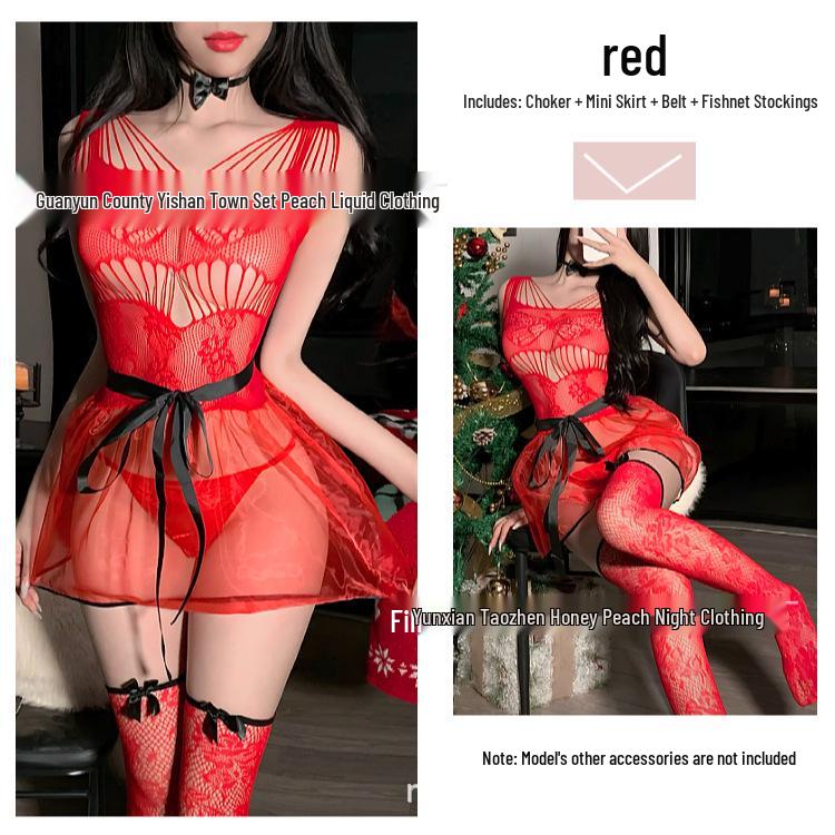 Red Sheer Christmas Lingerie: Sexy Slim-Fit Dress with Fishnet Stockings for New Year's Eve.