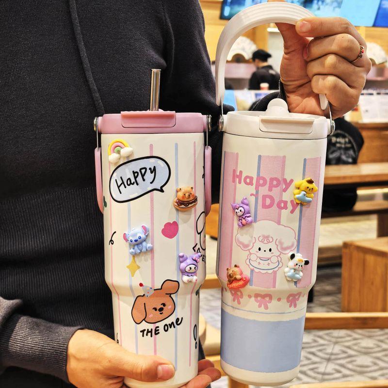 Large-Capacity Thermos Cup for Girls, Good-Looking Design with Handle, 2024 New Model, Straw Water Cup, Portable Dual-Drink Cup for Students