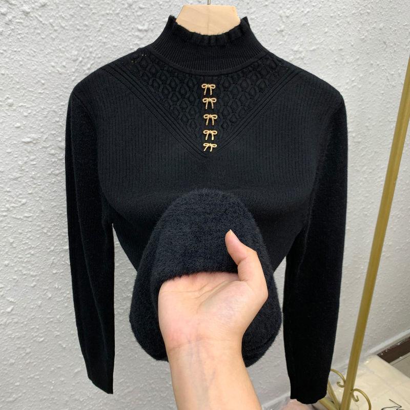 

Women s One-piece Fleece Half-high Neck Sweater with Lining and Thickening Inner Top for Autumn and Winter Knitted Wear Fashionable XL чёрный