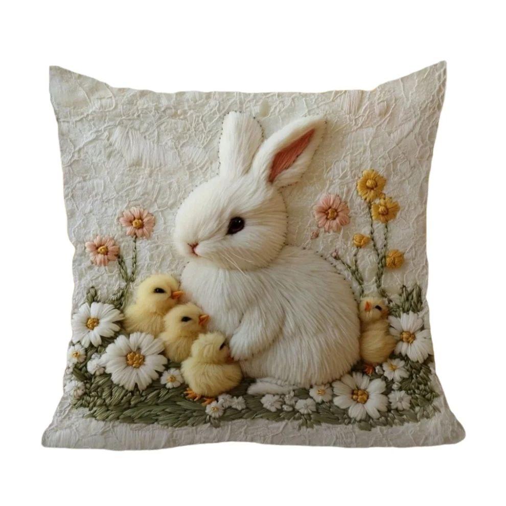 1Pc Easter Bunny Chick Floral Pillow Cover Polyester 2D Double-Sided Print Home Decor Gift For Sofa Bedroom Living Room
