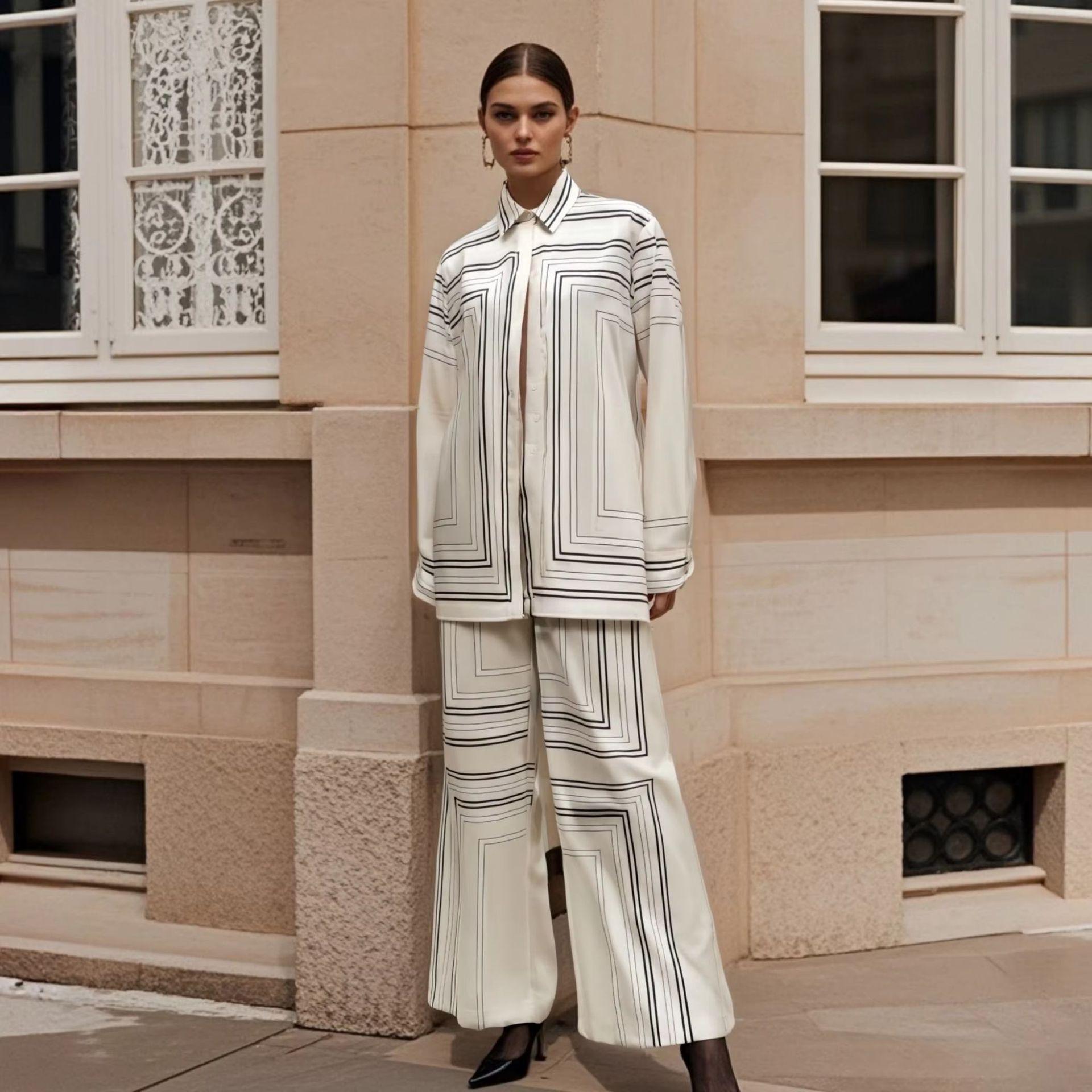 

Women s Striped Print Shirt & Straight Pants Set - Spring/Summer 2025 Collection L