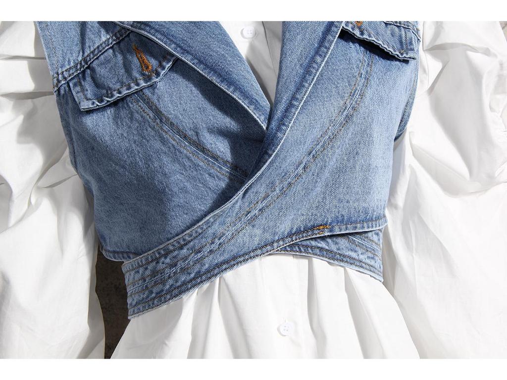 2024 Women's Two-Piece Fashion Set: Irregular Denim Vest with Puff Sleeve Shirt