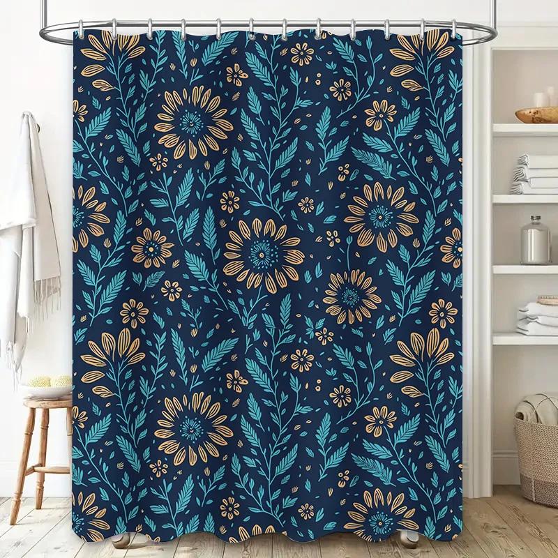 

Blue Floral Print Shower Curtain Waterproof Bathroom Decoration For Home Decor W60H190(CM)-1 Pcs
